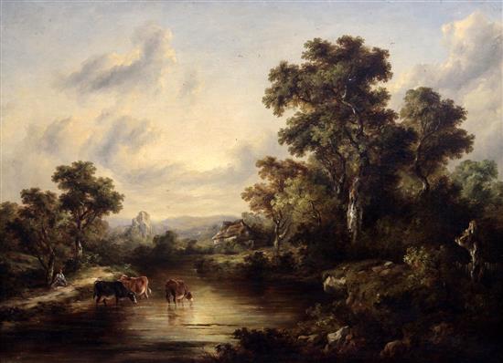 J. Harvey (19th C.) Landscape with cattle watering 22 x 29.5in.